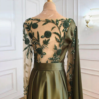 Arabic One Shoulder Olive Green Muslim Evening Dress with Cape: Long Sleeves Women Wedding Party Gowns Elegant Plus Size