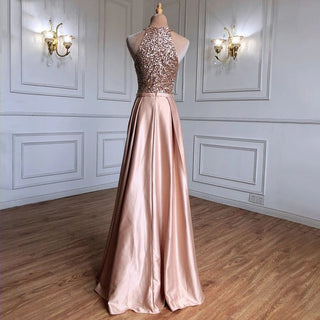 Golden Glamour: A-Line High Neck Sparkle Evening Dress with Tassel Beading