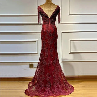 Burgundy Luxury Beaded Tassels Evening Gown 2024 Sexy V-Neck Sleeveless Formal Party Dress for Women