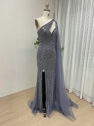 Ships in 1 to 3 Days - Sparkly Beaded Blue Mermaid Evening Gown with High Split and One Shoulder Cape Sleeve - Luxury Arabic Wedding Party Dress