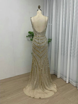 Ships in 1 to 3 Days - Gold Shiny Sequin Deep V-Neck Cocktail Dress - Luxury Beaded Mermaid High Slit Evening Gown for Prom and Graduation 2024