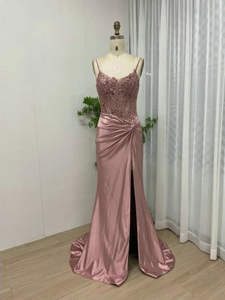 Ships in 1 to 3 Days - Pink Spaghetti Straps Beaded Appliqués Prom Dress - Sexy High Slit Mermaid Evening Gown for Women 2024