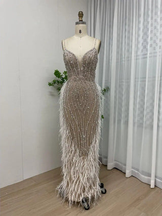 Ships in 1 to 3 Days - Stunning Champagne Mermaid Evening Dress - Luxury V-Neck Beaded Feathers with Cape Sleeves for Women’s Wedding Parties in Dubai