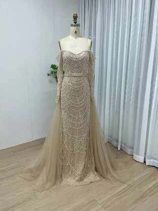 Dubai Luxury Beaded Off-Shoulder Mermaid Evening Dress - Arabic Elegant Strapless Long Sleeves Gown for Weddings and Prom