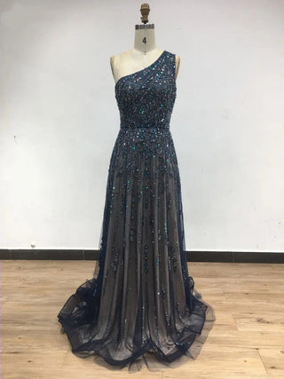 2024 Exclusive One-Shoulder A-Line Evening Gown - Elegant Beaded Ball Dress for Women’s Formal Occasions