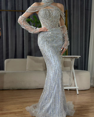 2024 Arabic Gray Decorative Halter Mermaid Luxury Dubai Evening Gown Beaded Dress for Women's Party