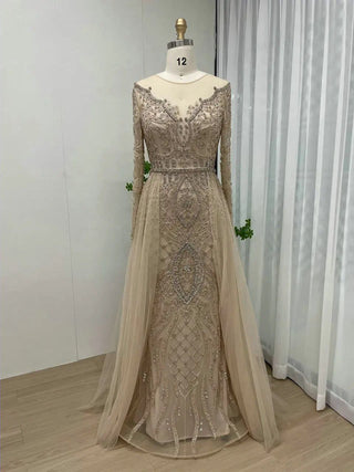 Ships in 1 to 3 Days - Nude Luxury Muslim Mermaid Evening Dress with Beaded Overskirt - Elegant Gown for Women's Party 2024