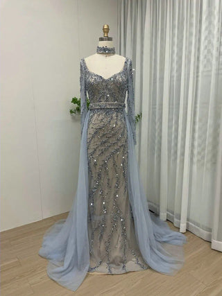 Ships in 1 to 3 Days -  2024 Blue Halter Mermaid Evening Gown - Luxury Beaded Long Sleeves Dress for Dubai Weddings and Arabic Parties