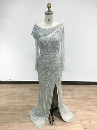 Ships in 1 to 3 Days - Silver Nude Mermaid Elegant High Split Evening Dresses Gowns Luxury Beaded 2024 For Women Party