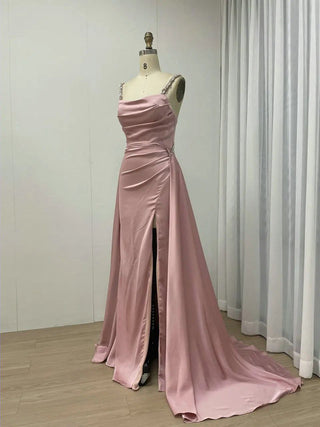 Pink Beaded Spaghetti Straps Mermaid Evening Gown - Luxury High Split Dress with Overskirt for Weddings and Prom