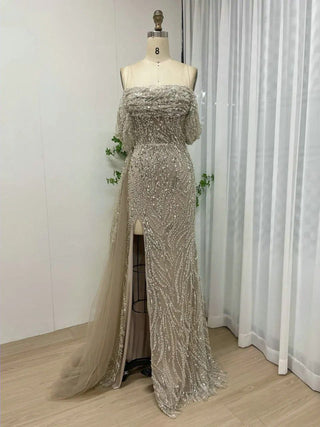 Champagne Off-Shoulder Sequined Mermaid Evening Dress - Elegant Wedding Guest Gown with High Slit for Women’s Parties in Dubai