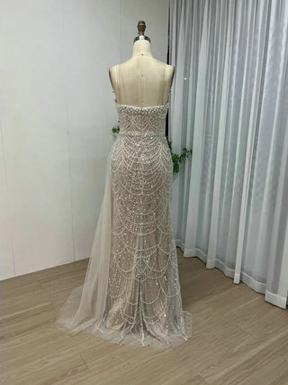 Elegant Mermaid White Evening Gown - Strapless Beaded Wedding Party Dress with Side Train