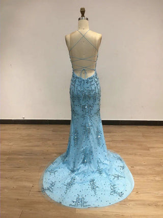 Sexy Blue Halter Lace-Up Back Mermaid Evening Gown - Trendy Backless Sequined Prom Dress for Women’s Parties and Weddings