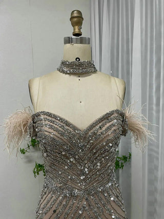 Ships in 1 to 3 Days - Nude Strapless Prom Dress - Exclusive High Split Beaded Feathers Evening Gown for Women’s Celebrity Parties in Dubai