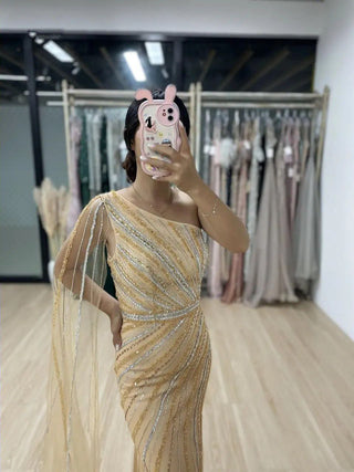 Ships in 1 to 3 Days - Luxury Gold One-Shoulder Mermaid Gown with Cape – Beaded Split Evening Dress for Weddings & Celebrity Parties 2024