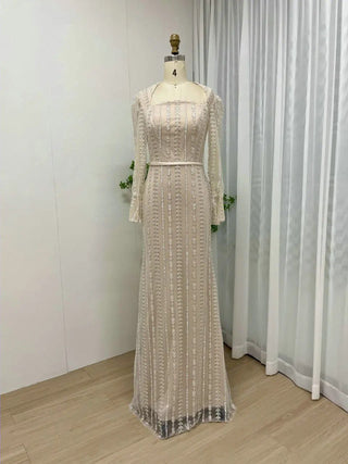 Ivory Muslim Long Sleeves Arabic Evening Dress - Luxury Beaded Mermaid Gown for Wedding Parties and Formal Events