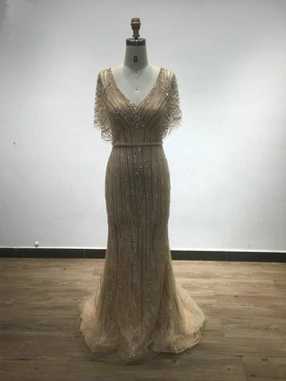 Ships in 1 to 3 Days - 2024 Dubai Stylish Half Sleeves Mermaid Evening Gown - Gold Formal Dress with V-Neck Illusion Back for Prom and Special Occasions