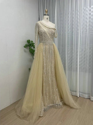 Ships in 1 to 3 Days - Champagne One-Shoulder Long Sleeve Mermaid Evening Gown - Stylish Arabic Luxury Beaded Dress for Special Events