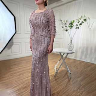 Dubai Grey Diamond Mermaid Long Sleeves Beaded Luxury Evening Gown - Perfect for Women's Party