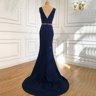 Navy Blue Satin Mermaid Elegant Evening Gown 2024 - Beaded Shawl Yarn Sexy Dress for Women's Party