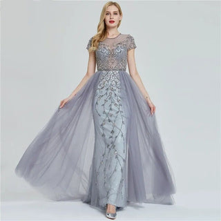 Ships in 1 to 3 Days - Dubai Crystal Short Sleeve Mermaid Evening Dress - 2024 Luxury Sexy Formal Gown