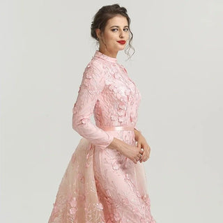 Muslim Romantic Pink Long Sleeves Evening Dress 2024 - High Neck Handmade Flowers Evening Gown