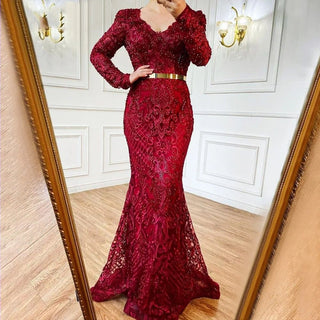 Ships in 1 to 3 Days - Navy Blue Mermaid Lace Beaded Muslim Luxury Evening Dresses 2024 - Elegant Gowns for Women's Party