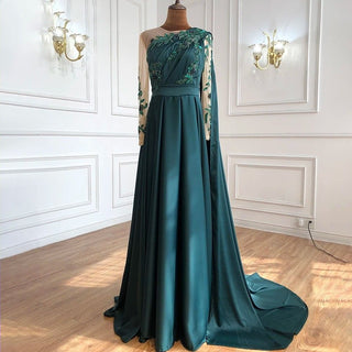 Dubai Blue O-Neck Beading Sexy Evening Dress Design 2024: A-Line Satin Long Sleeves Formal Dress