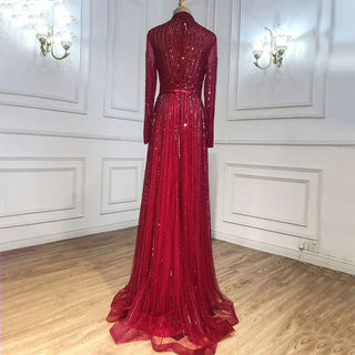 Chic Wine Red Muslim Luxury A-Line Evening Dress - 2024 Sparkle Beaded Gown for Women's Party