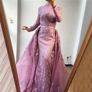 Muslim Pink High Collar Evening Dress 2024 - Handmade Flowers Long Sleeves Mermaid Gown