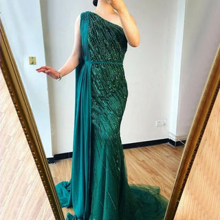 Dubai Green One Shoulder Luxury Evening Dresses 2024 - Mermaid Silhouette with Beaded Sequins Sparkle