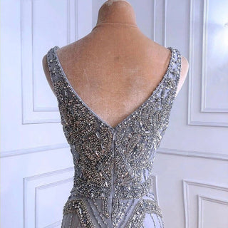 Ships in 1 to 3 Days - Nude Silver Mermaid V-Neck Sexy Evening Dress 2024 - Sleeveless Feathers Shawl Yarn Diamond Formal Gown