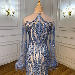 Blue Muslim Evening Dress: Detachable Skirt, Feathers, Beaded Luxury, and Mermaid Silhouette for Women's Party in 2024