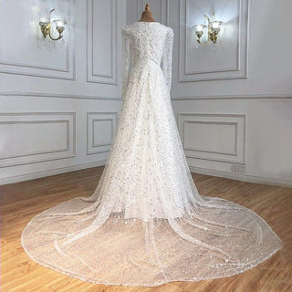 Muslim Ivory Luxury Wedding Dresses 2024 - A-Line Beaded Long Train Bride Gown