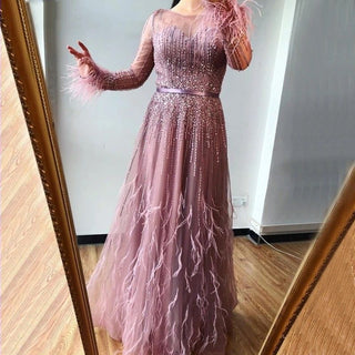 Pink A-Line Dubai Design Luxury Evening Dress 2024 - Elegant Feathered Gown for Women