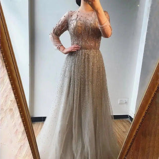 Luxury Silver Beaded Dubai Evening Dress with Cape Sleeves: Arabic Long Formal Party Dress for Women's Wedding