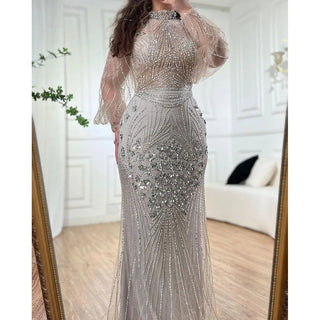 Ships in 1 to 3 Days - Silver Mermaid Luxury Evening Dress with Full Sleeves - Beaded Elegant Gown for Women Party 2024