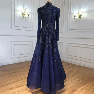 Luxury Dubai Navy Blue Muslim Evening Dress: Elegant Midi Arabic Formal Dress for Women's Wedding Party 2024