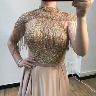 Golden Glamour: A-Line High Neck Sparkle Evening Dress with Tassel Beading