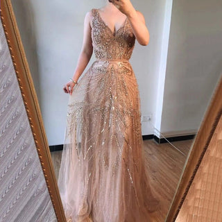 Gold A-Line Luxury Sexy Evening Dress 2024 - Pearls Crystal Long Sleeves Formal Gown