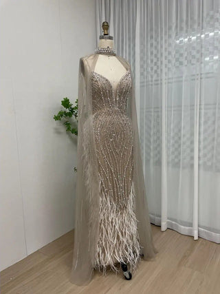 Ships in 1 to 3 Days - Stunning Champagne Mermaid Evening Dress - Luxury V-Neck Beaded Feathers with Cape Sleeves for Women’s Wedding Parties in Dubai