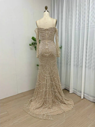 Dubai Luxury Beaded Off-Shoulder Mermaid Evening Dress - Arabic Elegant Strapless Long Sleeves Gown for Weddings and Prom