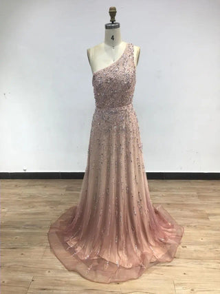 2024 Exclusive One-Shoulder A-Line Evening Gown - Elegant Beaded Ball Dress for Women’s Formal Occasions