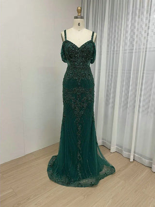 Ships in 1 to 3 Days - Stunning Green Off-Shoulder Mermaid Evening Gown - Luxury Spaghetti Straps Beaded Dress for Ladies' Formal Events