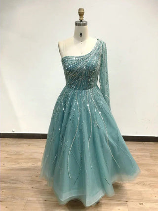 Ships in 1 to 3 Days - Stunning One-Shoulder Evening Dress - Beaded Feathers Mermaid Gown with High Split for Special Events and Weddings