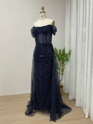 Stunning Off-Shoulder Pleated Mermaid Blue Evening Gown - Gorgeous Shiny Sequin Prom Dress with Boning for Women’s Parties