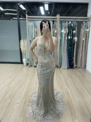 Champagne Mermaid Sleeveless Evening Gown - Luxury Strapless Backless Beaded Prom Dress for Wedding Parties in Dubai