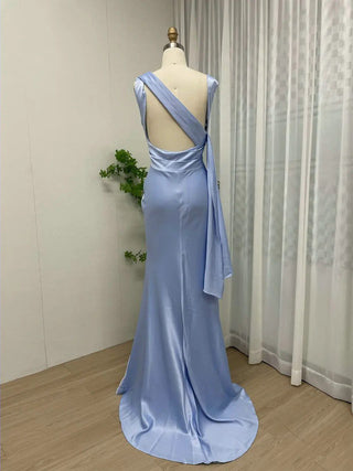 Light Blue Simple Mermaid Satin Evening Dress - Sexy Sleeveless Open Back Gown for Bridesmaids and Prom