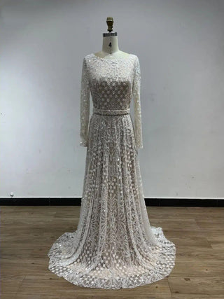 2024 White A-Line Evening Gown - Stunning Lace Appliqué Dress with Long Sleeves for Women’s Wedding Parties and Prom