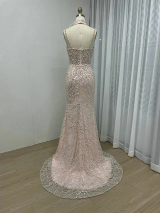 Pink Stunning Beaded Spaghetti Straps Mermaid Formal Dress - Luxury Open Back Evening Gown with Feathers for Wedding Parties